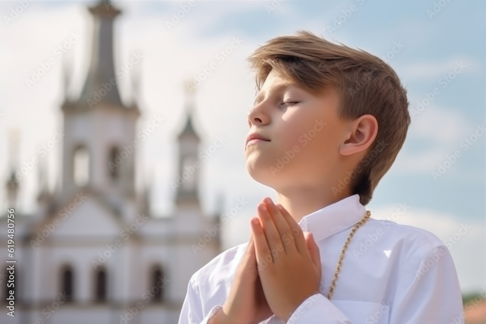 Young christian caucasian boy praying god in white clothes Young christian caucasian boy praying god in white clothes