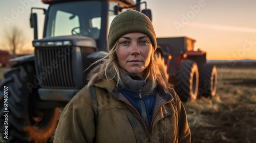 Obraz na plátně Portrait of a tough female farmer in front of a tractor in a field