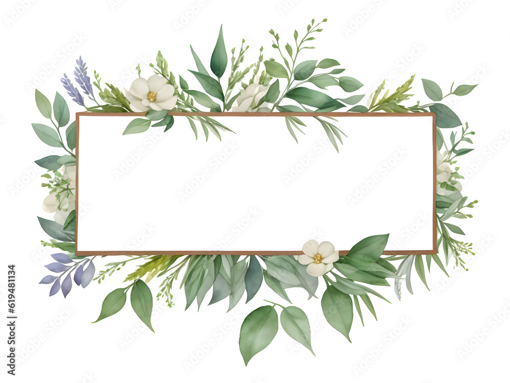 Watercolor of green floral banner eucalyptus leaves on transparent background,generative ai