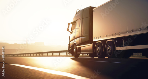 delivery cargo trucks driving in motion on highway road in country field and sunset landscape concept of lorry logistic freight transportation business. generative ai