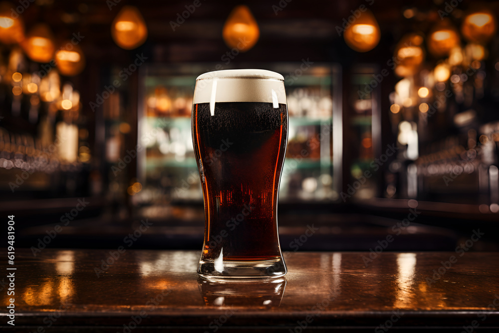 A glass of dark beer on the bar. AI generation