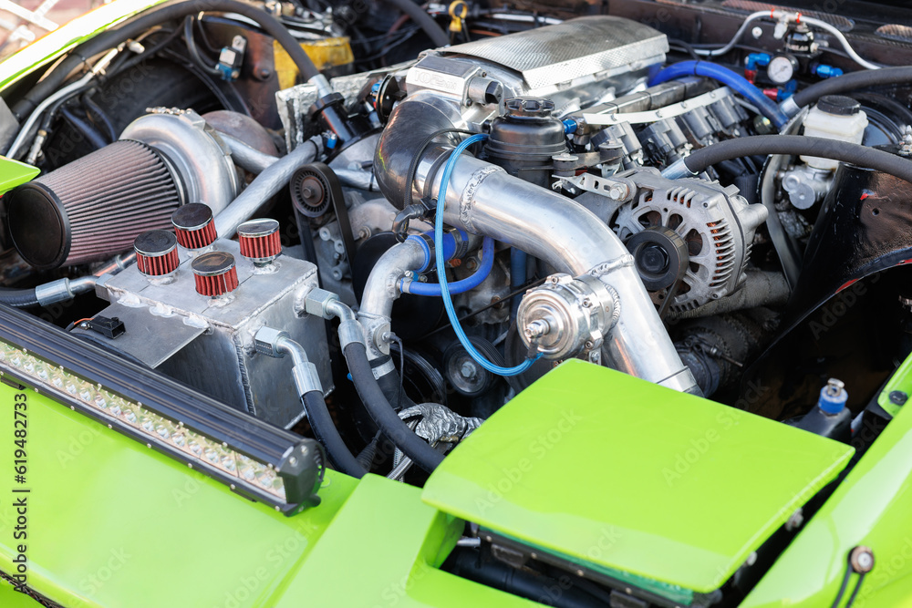 Close-up view of a Grand Touring Competition Car Engine Close-up view of a Grand Touring Competition Car Engine