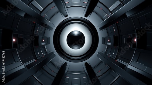 abstract pc desktop wallpaper background with circle shape of a reactor in space and black light with round lenses. aspect ratio 16:9 . Generative AI