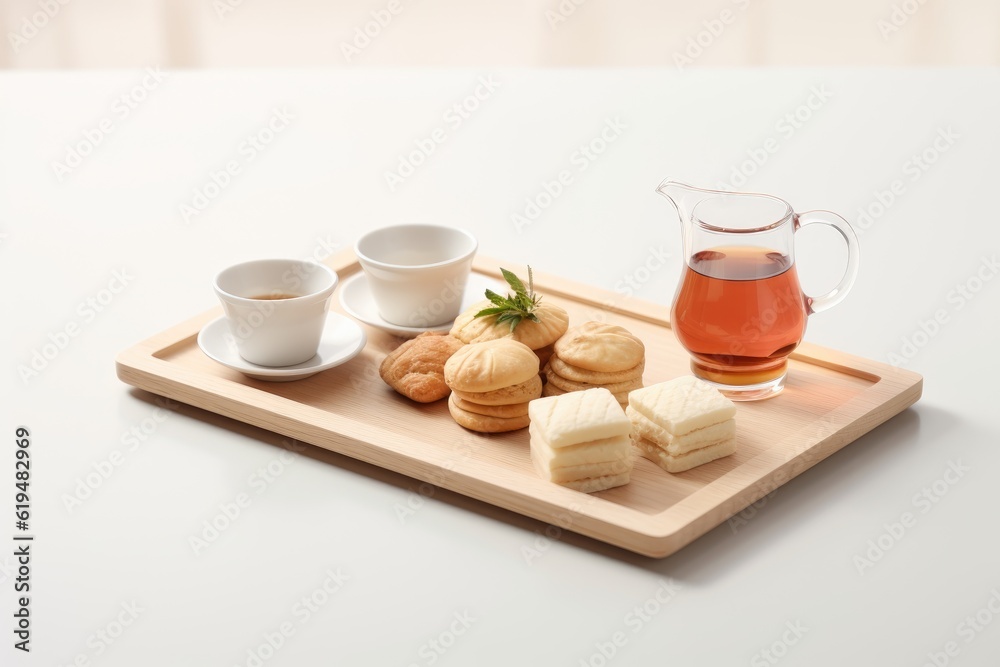 Afternoon tea set with dessert,pastry,bakery and bread on white background. Generative Ai Afternoon tea set with dessert,pastry,bakery and bread on white background. Generative Ai