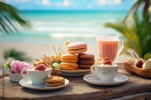 Afternoon tea set at the beach with macarons and tea cup. Generative Ai