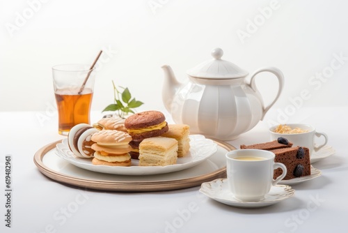 Afternoon tea set with dessert pastry bakery and bread on white background. Generative Ai