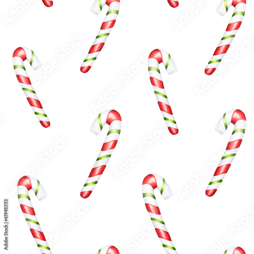 Watercolor christmas seamless pattern with candy cane illustration. New year hand painting lollipop isolated on white background. For designers, food decoration, menu, s