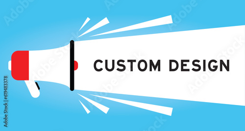 Color megaphone icon with word custom design in white banner on blue background