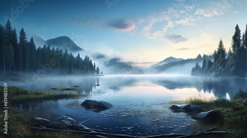Wallpapers of misty lake in the morning hyperrealistic.Generative Ai content