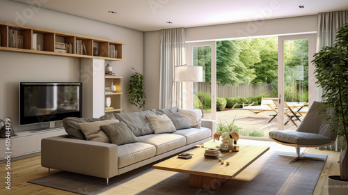 3D render Nature's Haven- A Serene Fusion of Living Room and Garden relax view for Tranquility and Harmonious Connection interior design © Nuchjara
