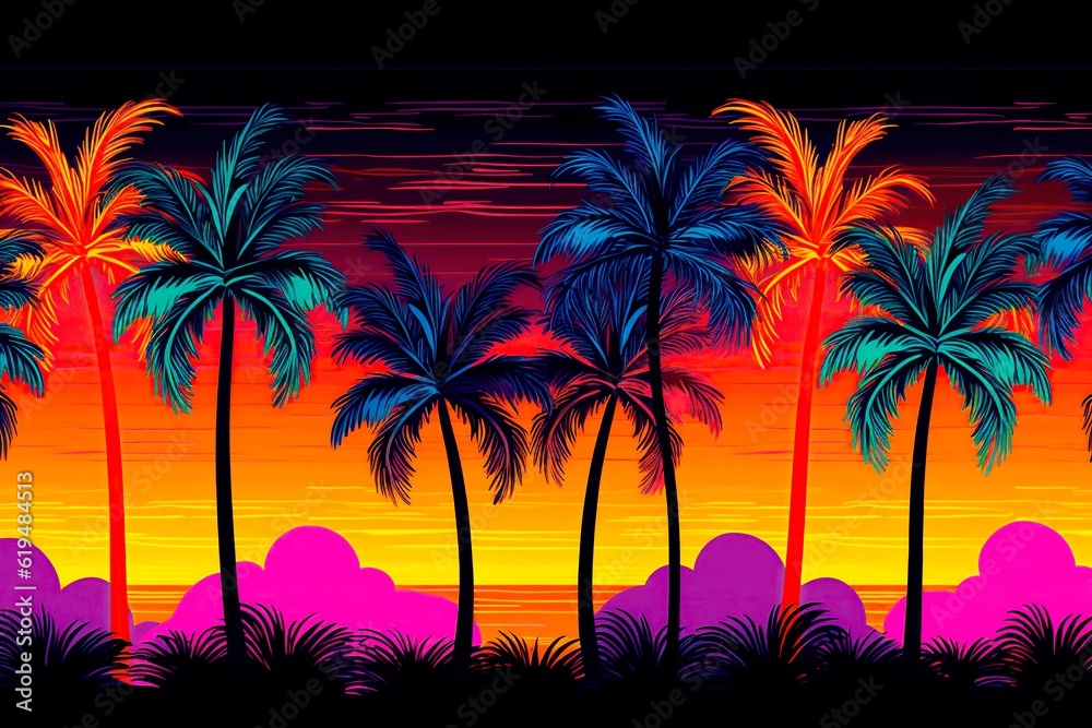 Tropical painted background in vibrant colors with palm trees. Stylized abstract picture. AI generation