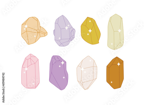 Hand-drawn crystal minerals set. Minimalistic flat design, retro style. Geometric gemstone drawing.