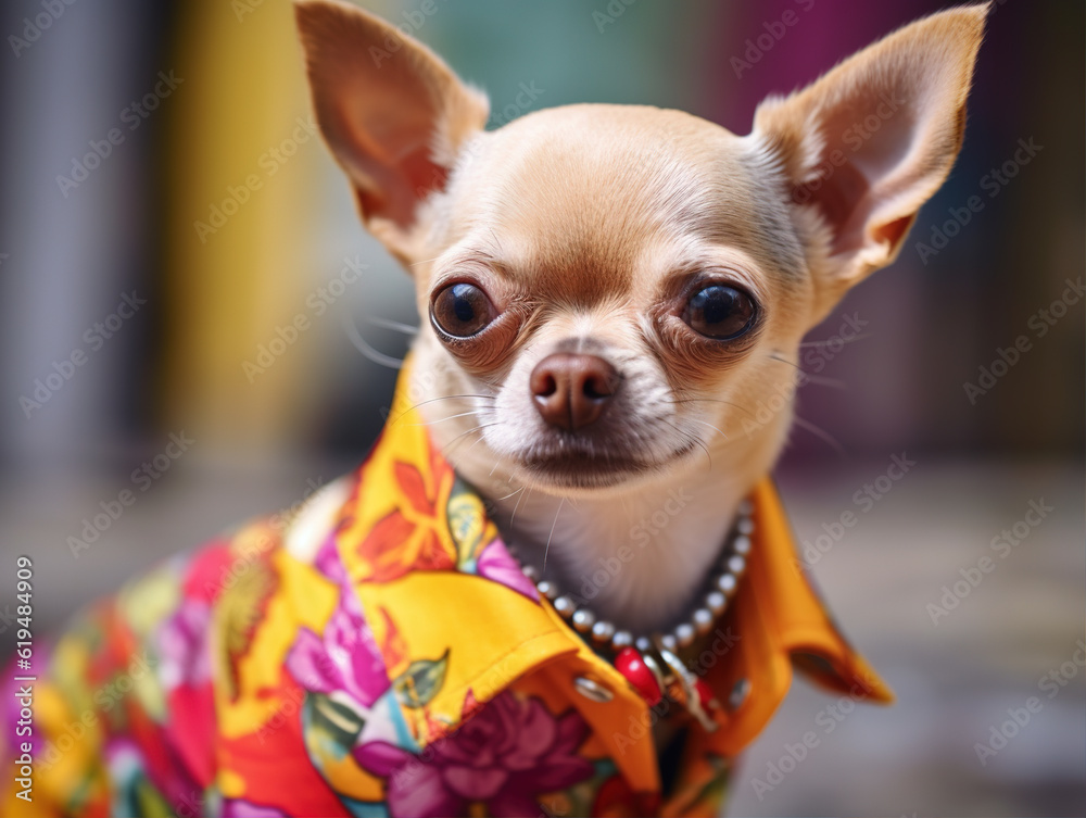 Chihuahua dog in bright floral shirt looking at camera