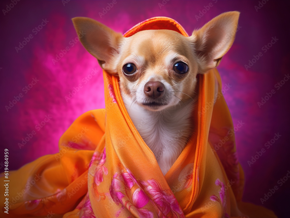 A Chihuahua wrapped in a bright floral veil looks at the camera.