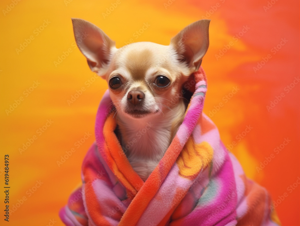 A Chihuahua wrapped in a bright floral veil looks at the camera.