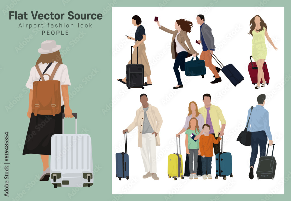 A collection of silhouette fashion lookbooks for people carrying luggage for overseas trips and business trips at the airport