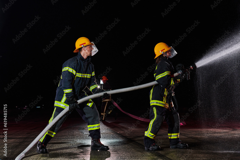 Firefighters using a water hose to eliminate a fire hazard. Team of female and male firemen in dangerous rescue mission. Firefighters using a water hose to eliminate a fire hazard. Team of female and male firemen in dangerous rescue mission.