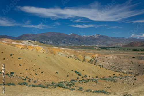 Kyzyl-Chin tract, Altai Mars. Picturesque canyon with mountains of different colors: red, yellow, orange, white. 
