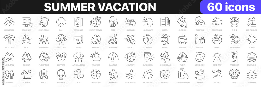 Summer vacation line icons collection. Travel, trip, camping, nature icons. UI icon set. Thin outline icons pack. Vector illustration EPS10