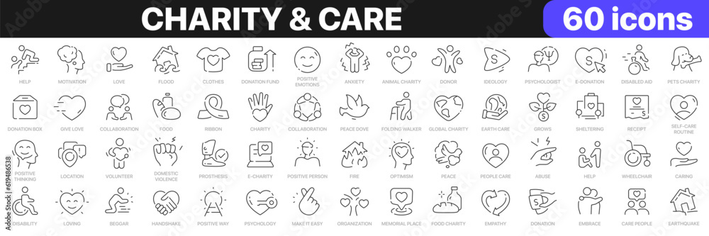 Charity and care line icons collection. Positive, donation, organization, donor icons. UI icon set. Thin outline icons pack. Vector illustration EPS10