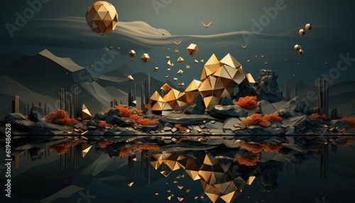 A digital elegant painting of a gold mountain range with a lake in front of it. symmetrical