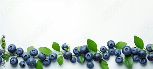 Food photography - Summer fruits blueberry - Closeup of ripe blueberries branches with leaves, isolated on white background, top view (Generative Ai) photo