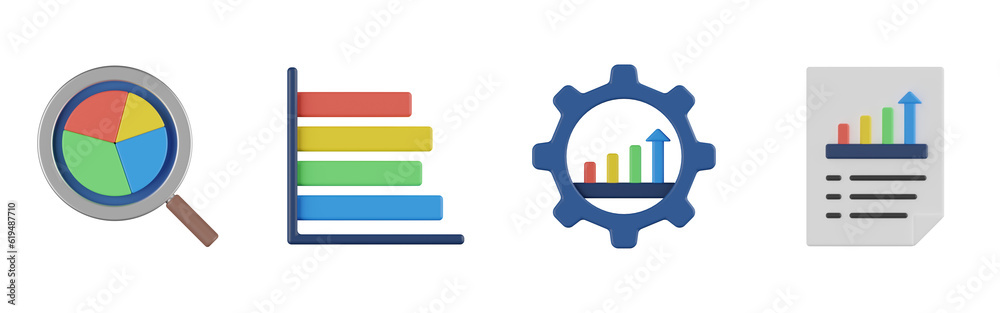 3d search analysis, 3d bar chart, 3d analysis report. Analytics 3d render set. Transparent background 3d search analysis, 3d bar chart, 3d analysis report. Analytics 3d render set. Transparent background