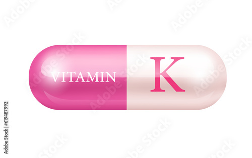 Capsule vitamin K structure Pink, white. transparent capsule pill. Drug business concept. Illustration 3D Vitamin complex with chemical formula. Personal care, beauty. Isolated on cut out PNG.