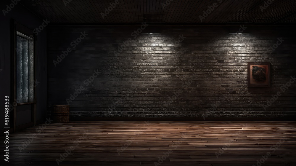 dark and moody lighting room with black bricks and black paint, beautiful dark room with wall lamp and dramatic lighting, best for background concepts and ideas for business presentation background