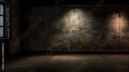 black and dark rustic wall paint with single light moody room, beautiful dark room with wall lamp and dramatic lighting, best for background concepts and ideas for business presentation background