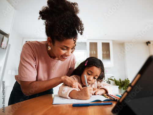 Mother, child student and writing homework on a table at home for learning and development. African woman and a girl kid together for education, homeschool or drawing art with creativity and support photo