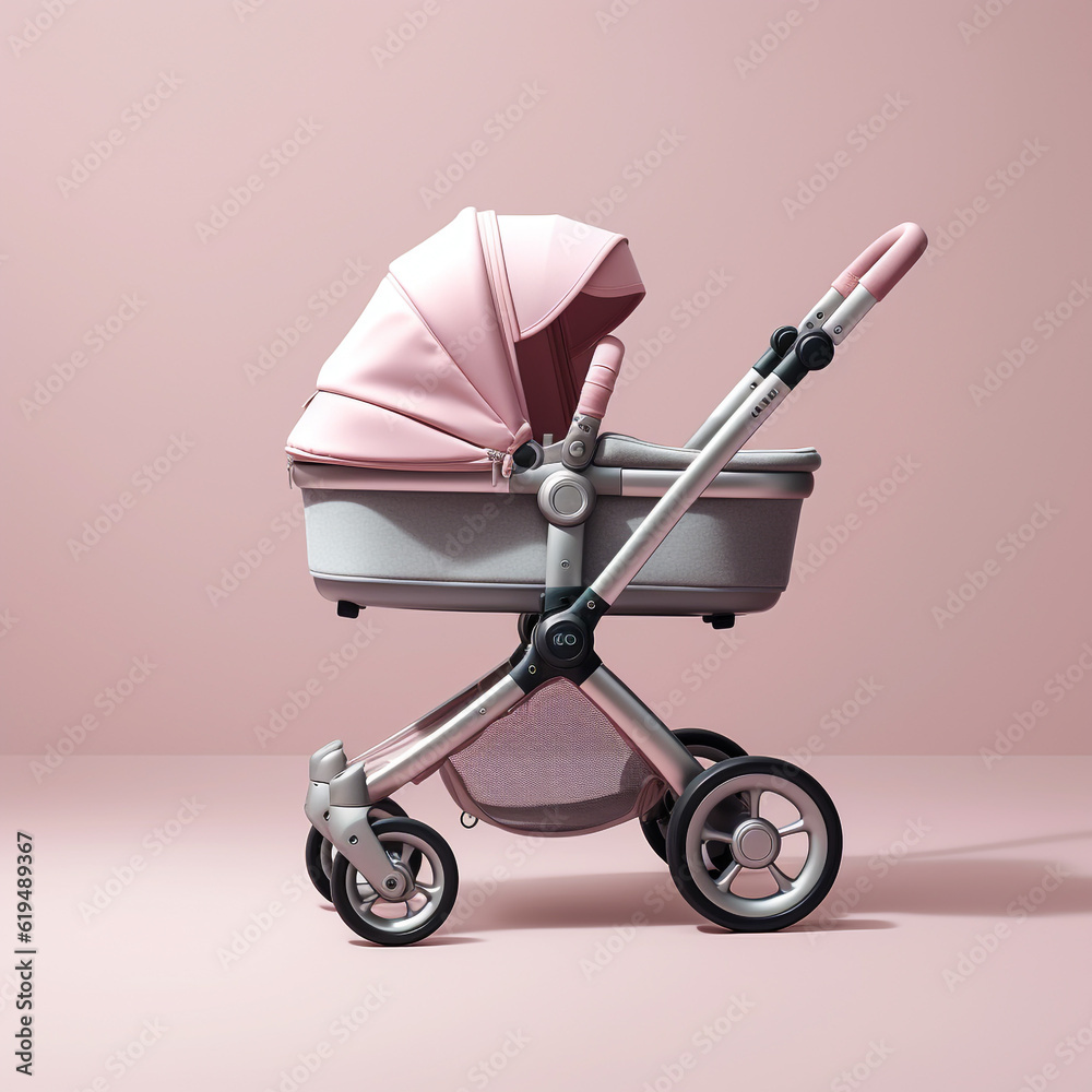 Modern baby stroller isolated on a plain background. It has special features such as being covered properly and having a brake gear.
Modern baby stroller isolated on a plain background. It has special features such as being covered properly and having a brake gear.
