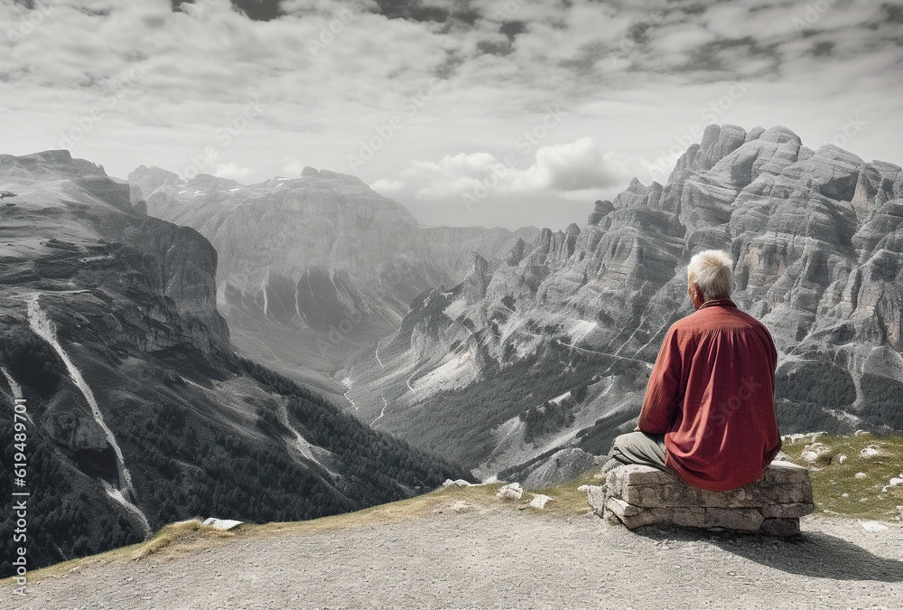 man sitting on the top of the mountain looking at the himalayas look forward