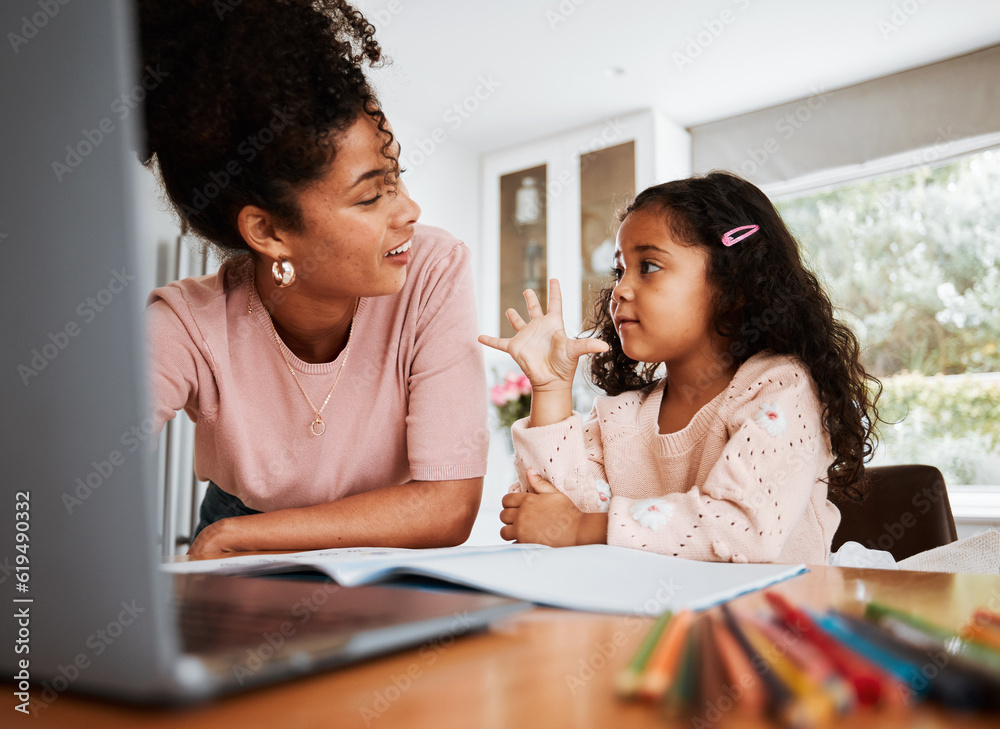 © Mumtaaz Dharsey/peopleimages.com - Math homework, mother and child with a laptop, counting and studying together in a house. Happy, talking and a little girl with an answer for education with a mom and a pc for elearning and knowledge