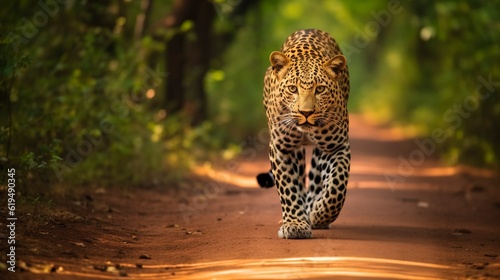 Leopardv on the road of a forest. 