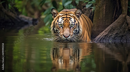 Exquisite Bengal tiger amidst a backdrop of lush green habitat