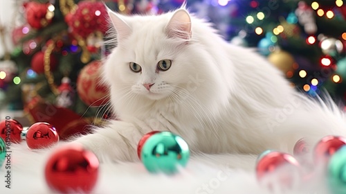 Angora cat with baubles, christmas tree in background, adorable kitty sitting with xmas decoration around. Blur bokeh. Celebration, happy new year. 