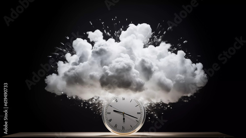Alarm clock on fluffy white clouds and black background, time management concept, time of life, relax time to travel, deadline, generative ai