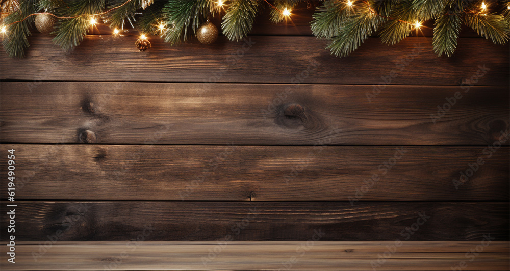 Christmas background with fir branches, golden lights and wooden planks. Christmas background with fir branches, golden lights and wooden planks.