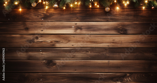 Christmas background with fir branches, golden lights and wooden planks.