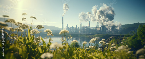 Industrial landscape with a large plant on the background of blue sky