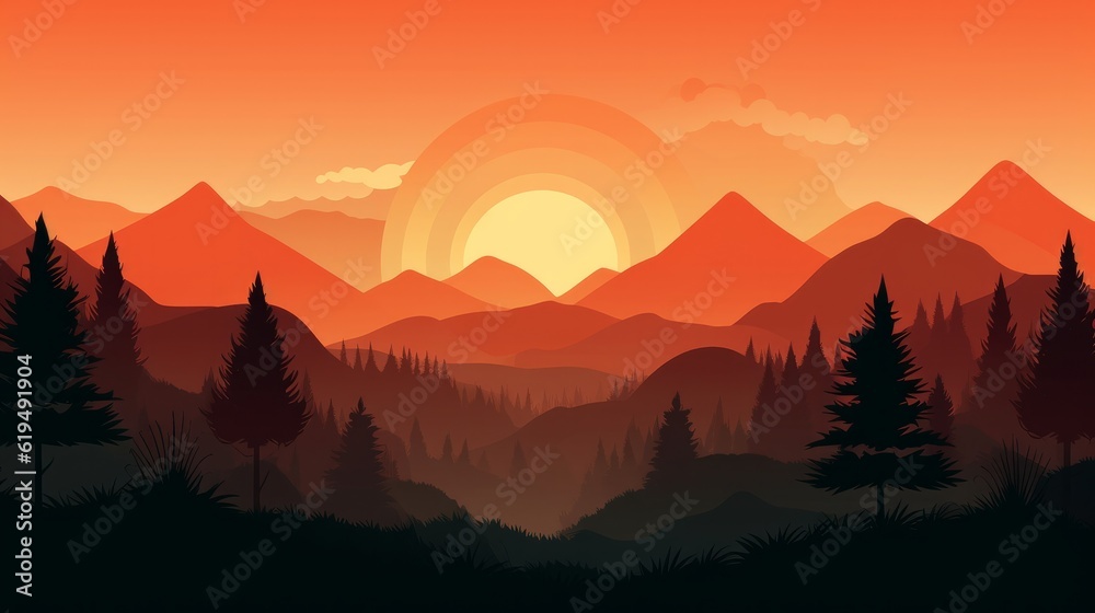 An illustration of an orange sunset with mountains and a forest