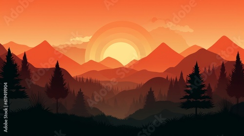 An illustration of an orange sunset with mountains and a forest