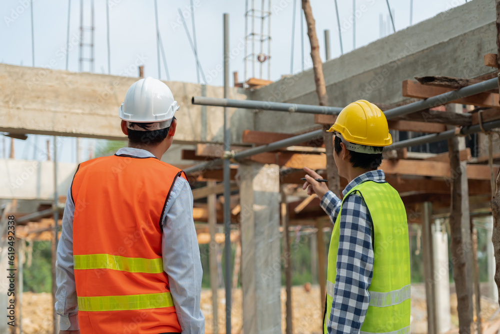 Engineers use blueprint check construction on site. Contractor and inspector inspection construction during project.civil Forman check quality assurance. Audit, inspect, quality control. Engineers use blueprint check construction on site. Contractor and inspector inspection construction during project.civil Forman check quality assurance. Audit, inspect, quality control.
