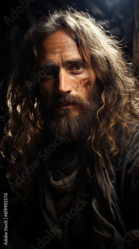 A man with long hair and a beard. Generative AI. Realistic portrait of a Christian saint.