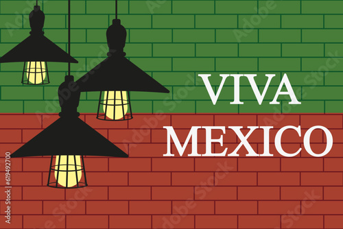 Viva Mexico greeting card with Grunge Lamp and Mexican Flag on Bricks Wall with inscription. Style black Light Bulb on the Brick background. Vector illustration. Mexica Independence Day Banner. 