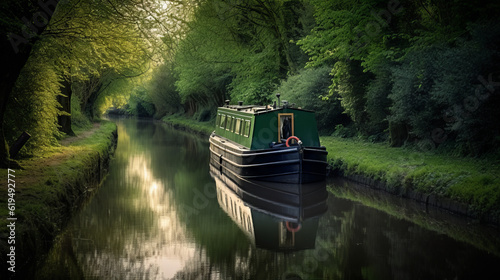 Fotografiet boat on the river, a green boat on a canal, generative ai