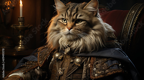cat on the bench, a cat wearing medieval clothes, generative ai