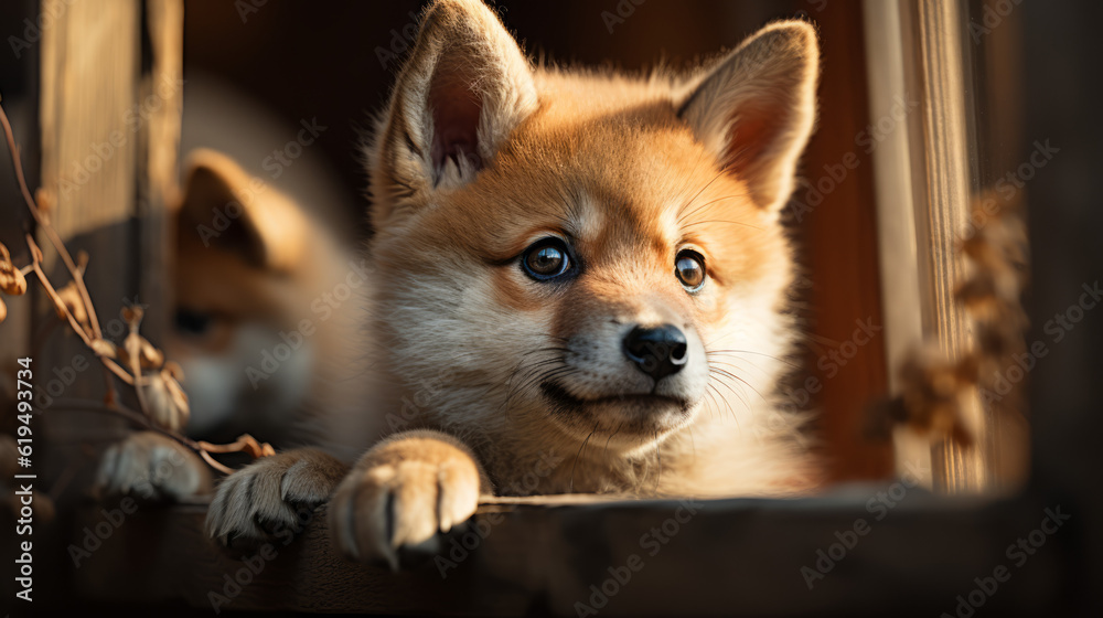 red fox portrait, cute baby puppy of a shiba inu, generative ai