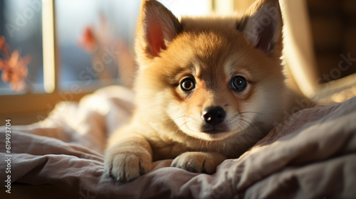 red fox portrait, cute baby puppy of a shiba inu, generative ai